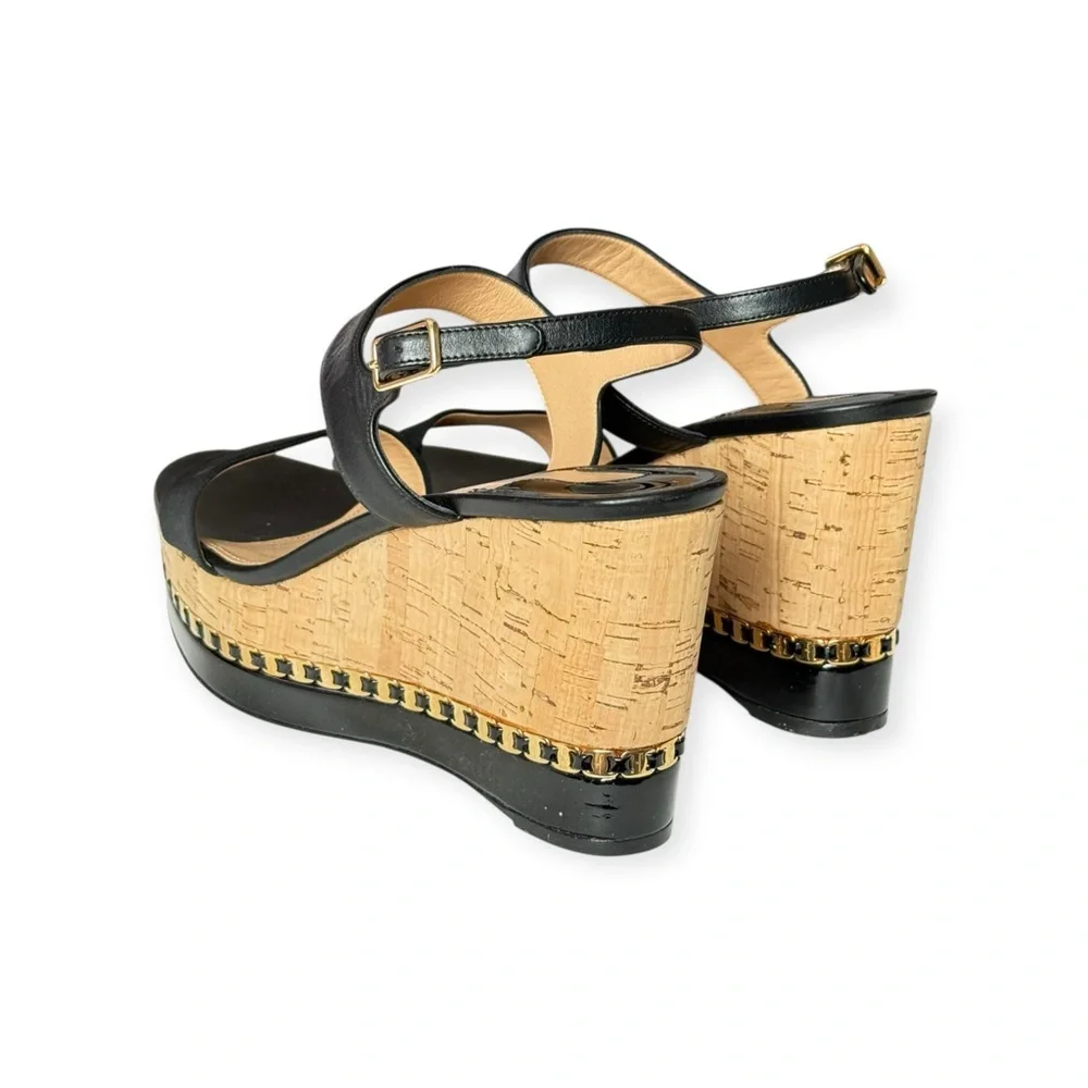 Salvatore Ferragamo ꔘ Mollie Chain Platform Wedge Sandals ꔘ Black Leather ꔘ 9.5B
